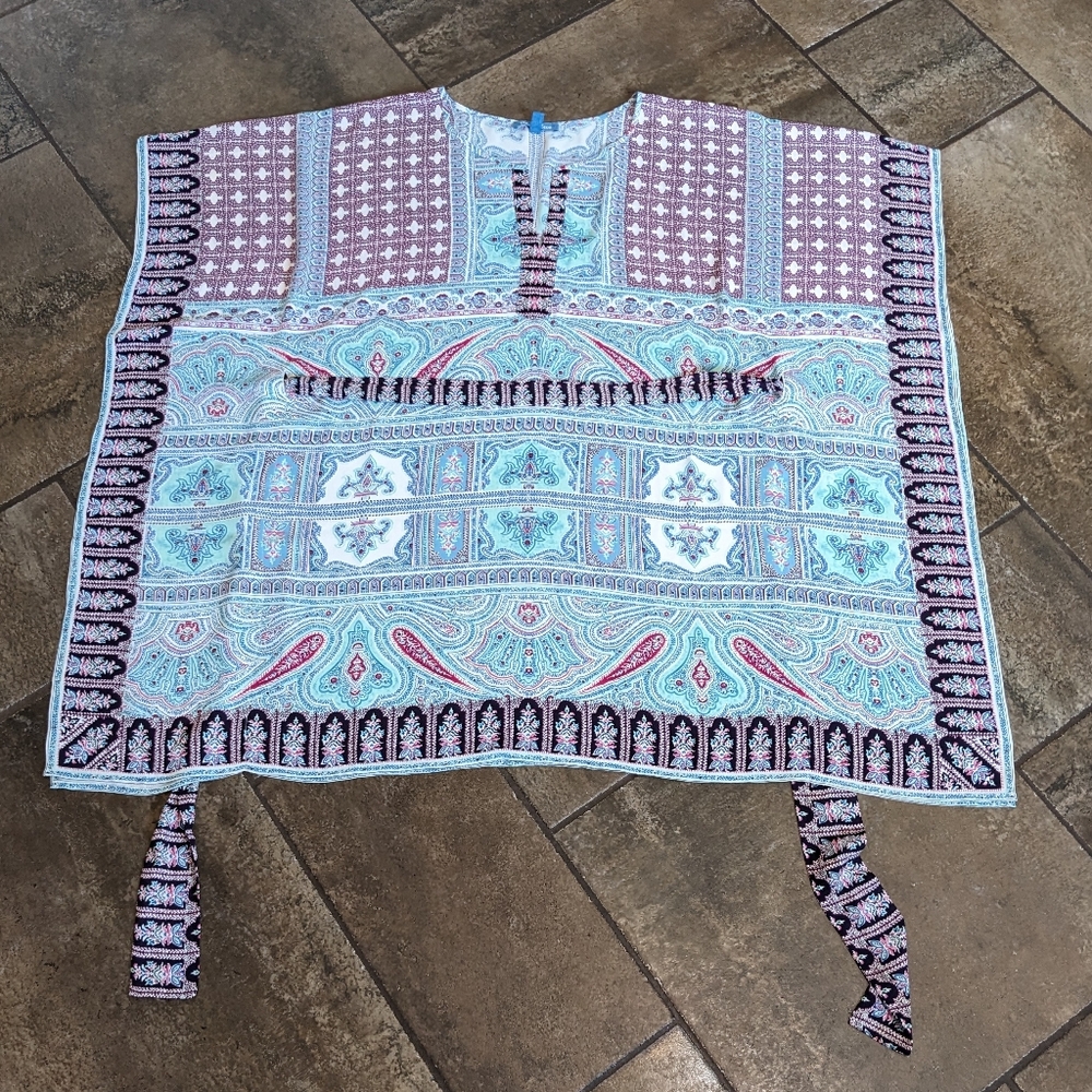 Beach Cover Up Boho Tunic Flowy Top Size S Pink Blue Multiprint